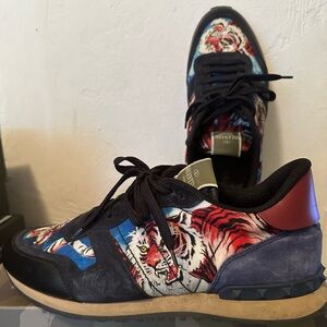 Valentino Men’s blue suede tiger print sneakers
